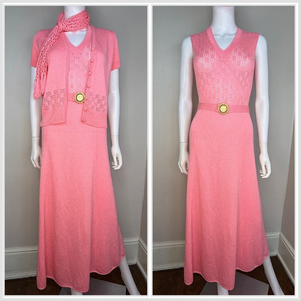Vintage 1970s St John Knits Pink Sleeveless Maxi Dress Cardigan Sweater Scarf XS